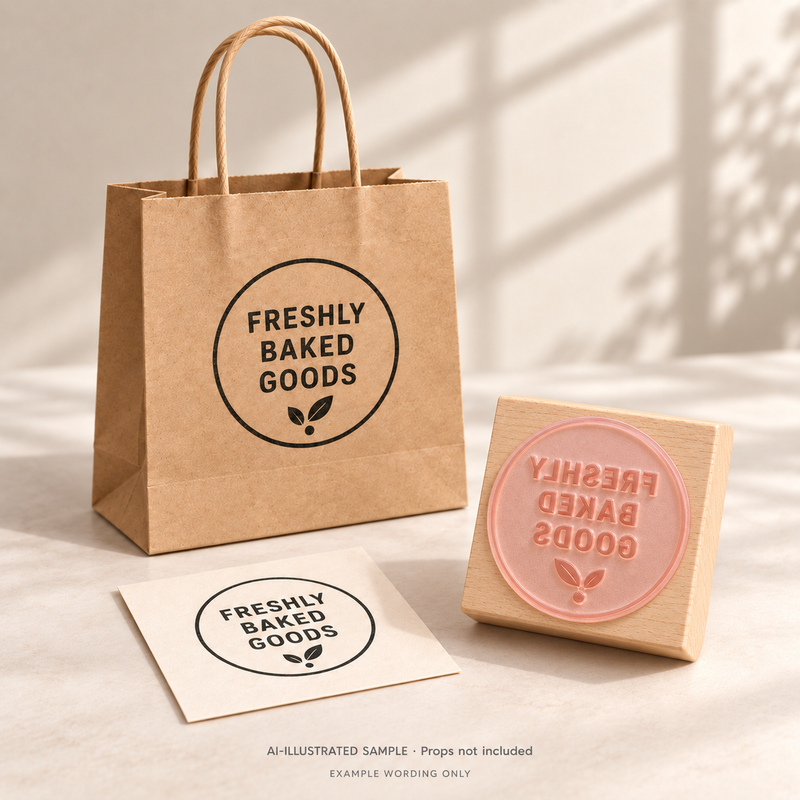 AI-illustrated sample of Bakery Batch Message Stamp: a physical stamp shown with a matching impression on paper or packaging. Not an actual supplied-product photograph. Props are not included.