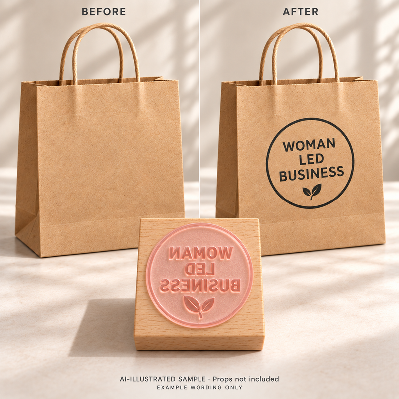 AI-illustrated before-and-after example for Women-Led Enterprise Stamp: blank and stamped surfaces shown together with the stamp. Not an actual supplied-product photograph.