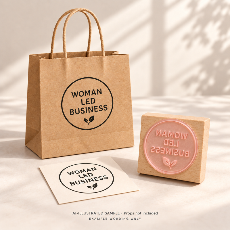 AI-illustrated sample of Women-Led Enterprise Stamp: a physical stamp shown with a matching impression on paper or packaging. Not an actual supplied-product photograph. Props are not included.