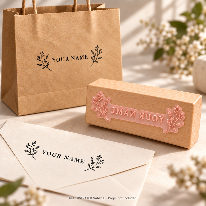 AI-illustrated sample of Personal Name Mark Stamp: a physical stamp shown with a matching impression on paper or packaging. Not an actual supplied-product photograph. Props are not included.