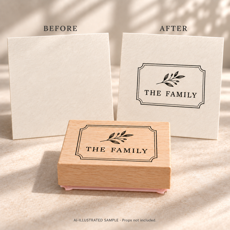 AI-illustrated before-and-after example for Family Signature Stamp: blank and stamped surfaces shown together with the stamp. Not an actual supplied-product photograph.