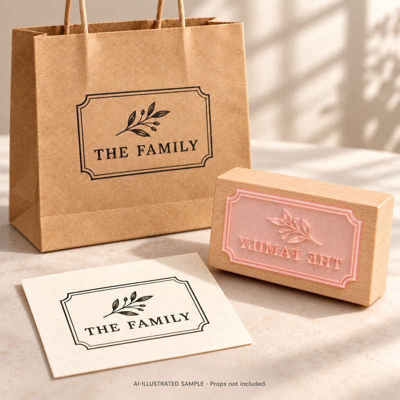 AI-illustrated sample of Family Signature Stamp: a physical stamp shown with a matching impression on paper or packaging. Not an actual supplied-product photograph. Props are not included.